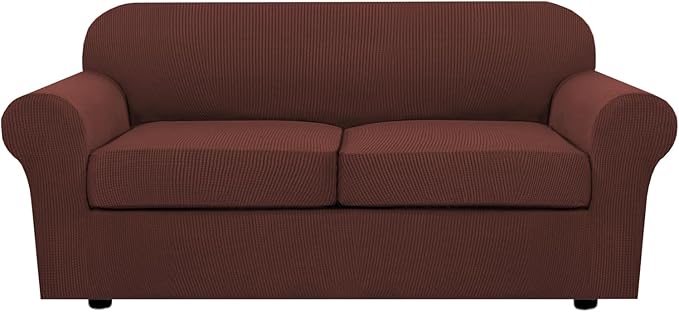 H.VERSAILTEX 3 Piece Stretch Sofa Covers for 2 Cushion Sofa Couch Covers for Living Room Sofa (Base Cover Plus 2 Seat Cushion Covers) Thicker Jacquard Fabric (Large Sofa, Burnt Brick)