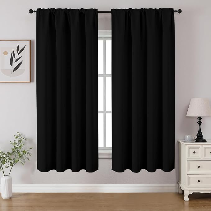 CUCRAF Black Blackout Curtains 54 inch Length 2 Panels Set, Rod Pocket Room Darkening Drapes for Bedroom Living Room, Insulated Thermal Light Blocking Window Curtain (W52 x L54 Inch)
