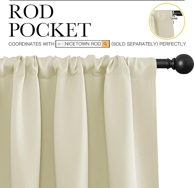 NICETOWN Living Room Curtains, Home Decorations Thermal Insulated Solid Rod Pocket Blackout Drapes for Cafe (Beige, One Pair, 70 x 84-inch)