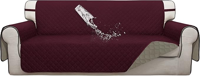 ISSUNTEX Double Protection 100% Waterproof Sofa Covers for Living Room, Couch Covers for 3 Cushion Couch Sofa, Reversible Furniture Protector Sofa Cover for Dogs, Pets, Kids (Sofa, Wine/Beige)