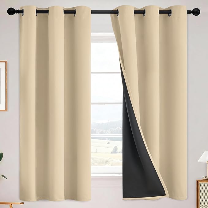 SimpleHome 100% Blackout Curtains for Bedroom,Thermal Insulated Beige Grommet Window Drapes Room Darkening Curtains for Living Room with Black Back,38 x 63 Inch,2 Panels