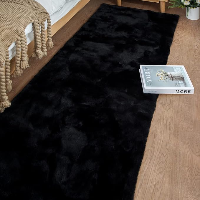 ORINOVA Black Shag Faux Rabbit Fluffy Fur Rugs for Bedroom Machine Washable Runner Rugs for Living Room 2x8 Runner Rug Nursery Rug