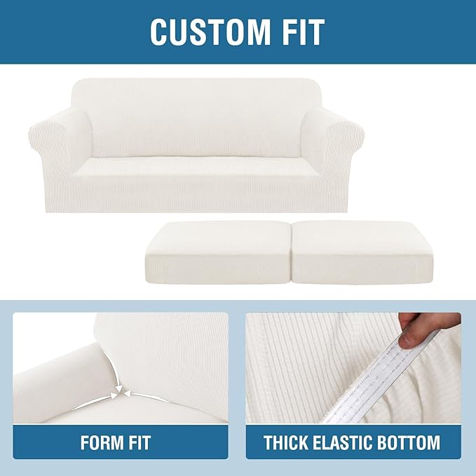 H.VERSAILTEX 3 Piece Stretch Sofa Covers for 2 Cushion Sofa Couch Covers for Living Room Sofa (Base Cover Plus 2 Seat Cushion Covers) Thicker Jacquard Fabric (Large Sofa, Porcelain White)