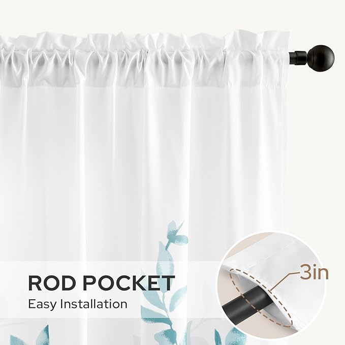 HOMEIDEAS Non-See-Through Teal and White Privacy Sheer Curtains 52 X 84 Inch Length 2 Panels, Leaf Floral Printed Light Filtering Semi Sheer Window Curtains Drapes for Bedroom Living Room