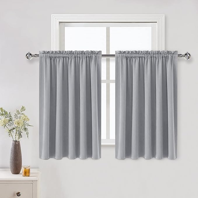 DWCN Silver Grey Short Blackout Curtains for Bedroom, Thermal Insulated Energy Saving Room Darkening Curtains for Living Room (W60 x L36 inch, Set of 2 Panels, Top of Rod Pocket)