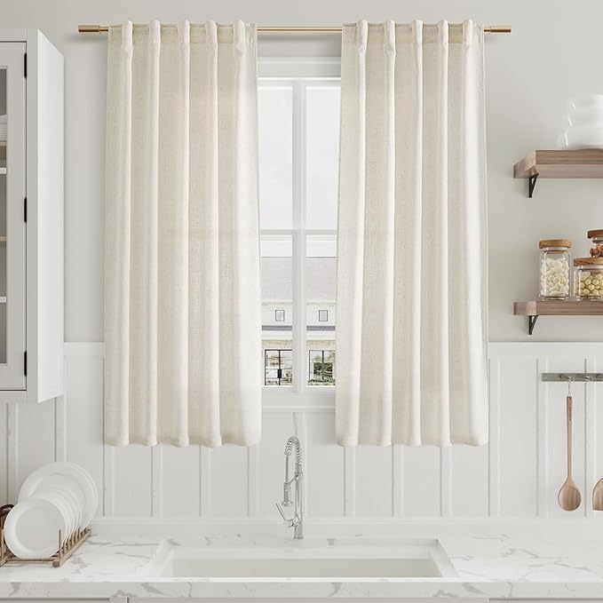 Nanspring Cream Linen Curtains 63 Inch for Bedroom Natural Semi Sheer Light Filtering Boho Curtains Back Tab and Rod Pocket Panels for Living Room 34 x 63 Inch, 2 Panels