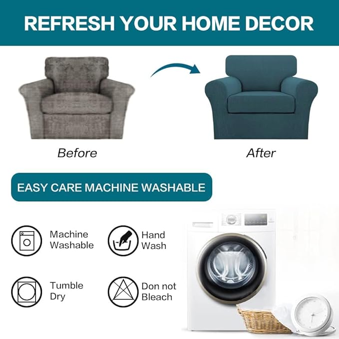 Turquoize 2 Piece Chair Covers Chair Slipcovers for Living Room Armchair Couch Cover Chair Sofa Cover with Individual Cushion Covers Furniture Cover for Chairs Feature Thick Fabric (Chair, Deep Teal)