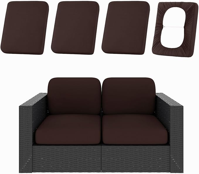hyha 4Pcs Patio Cushion Covers, Stretch Outdoor Couch Cushion Covers Replacement, Washable Outdoor Chair/Sofa Slipcovers for Patio Furniture Cushions Protector with Elastic Bottom(Coffee,Cover Only)