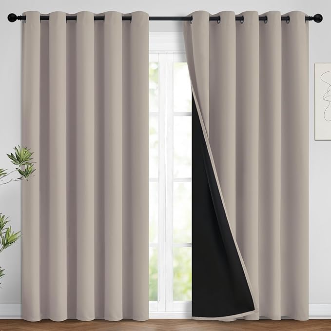 Yakamok 100% Blackout Curtains 84 Inches Long, 2 Thick Layers Heat and Full Light Blocking Soft Thermal Insulated Drapes for Bedroom(62" Wide Each Panel, Natural, 2 Panels)