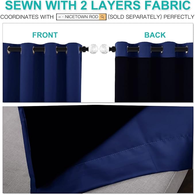 NICETOWN 100% Blackout Blinds, Laundry Room Decor Window Treatment Curtains, Thermal Insulated Energy Smart Drapes and Draperies for Villa, Hall and Studio, Royal Blue, Set of 2, 52 inches x 95 inches