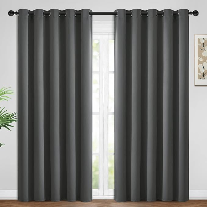 Yakamok 84 Inch Length 100% Blackout Curtains for Bedroom, Light Blocking Drapes Room Darkening Thermal Insulated Solid Grommet Panels for Living Room(62Wx84L, Dark Grey, 2 Panels)