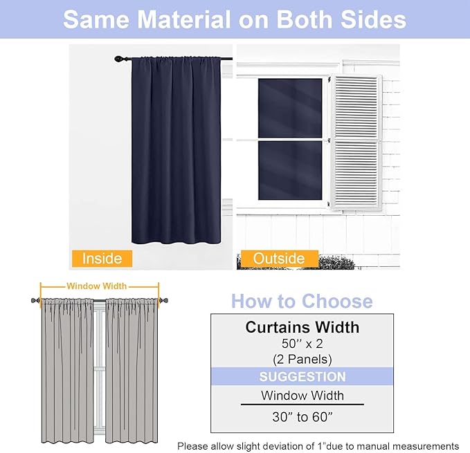 Simplebrand Ava Navy Blue Blackout Curtains for Bedroom 63 Inch Length 2 Panels Set, Solid Thermal Insulated Privacy Living Room Window Treatment Curtains Blackout Drapes, W50 x L63 Inch