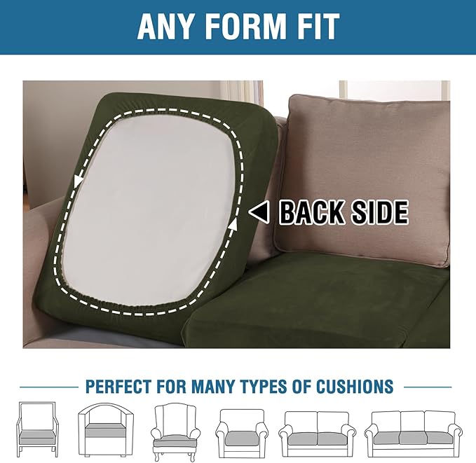 H.VERSAILTEX Velvet Stretch Couch Cushion Cover Plush Cushion Slipcover for Chair Loveseat Sofa Cushion Furniture Protector Seat Cushion Sofa Cover (2 Piece Medium Sofa Cushion Covers, Olive)