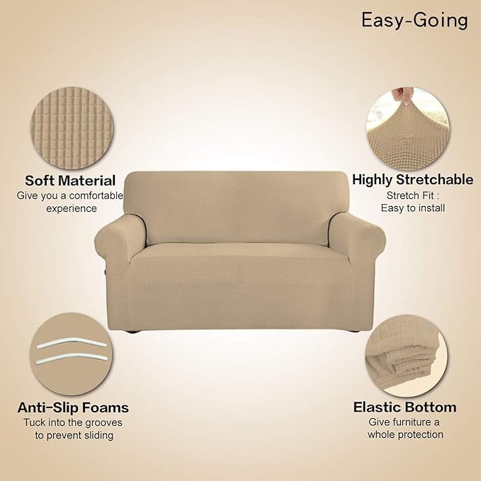 Easy-Going Stretch Sofa Slipcover 1-Piece Sofa Cover Furniture Protector Couch Soft with Elastic Bottom for Kids, Polyester Spandex Jacquard Fabric Small Checks (Sofa, Sand)