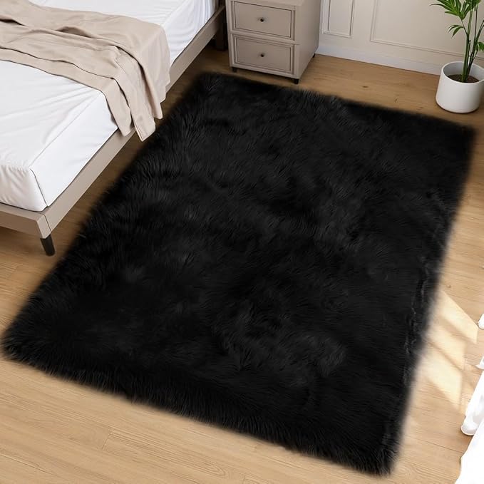 Goolela Black Faux Sheepskin Fur Rug 5x8 for Bedroom and Living Room - Fuzzy Large Fluffy Shag Area Rug Home Decor, Rectangle