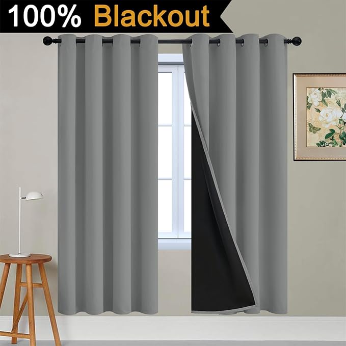 Yakamok Dove Grey 100% Blackout Curtains, Thermal Insulated Total Blackout Drapes for Bedroom, Heat Blocking Window Curtains for Living Room(52Wx72L, 2 Panels)