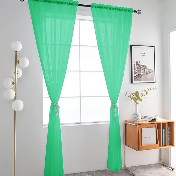 SpaceDresser Basic Rod Pocket Sheer Voile Window Curtain Panels Grass Green 1 Pair 2 Panels 52 Width 108 Inch Long for Kitchen Bedroom Children Living Room Yard（Grass Green, 52W x 108L）