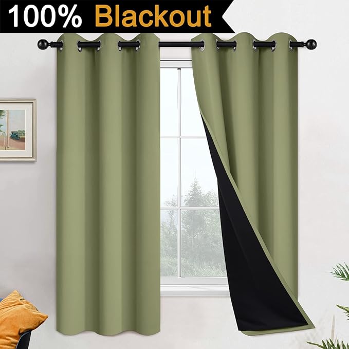 Yakamok 100% Blackout Curtains with Black Lined 2 Thick Layers Soundproof Thermal Insulated Room Darkening Curtains for Living Room(42Wx63L,Sage, 2 Panels)