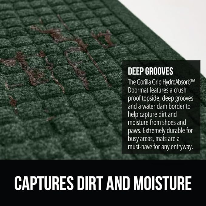 GORILLA GRIP® Ultra Absorbent Front Door Mat Outside Entrance, 35x23, Traps Dirt and Moisture, HydroABSORB Indoor Outdoor Doormat Holds Up to 5.7 Cups Water, Stain and Fade Resistant Welcome Mat Green