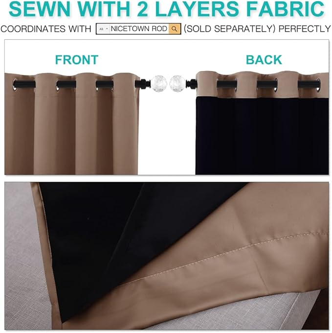 NICETOWN Warm Curtains for Winter, 100% Blackout Curtains Thermal, Noise Reduction and Privacy Curtains for Patio Door, Black Lined Blackout Drapes with Grommet Top, Cappuccino, 1 Pair, W62 x L84