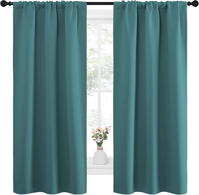 NICETOWN Bedroom Curtains, Three Pass Microfiber Noise Reducing Thermal Insulated Solid Rod Pocket Blackout Window Curtains for Kids Room (Sea Teal, 2 Panels, 34-inch x 63-inch)