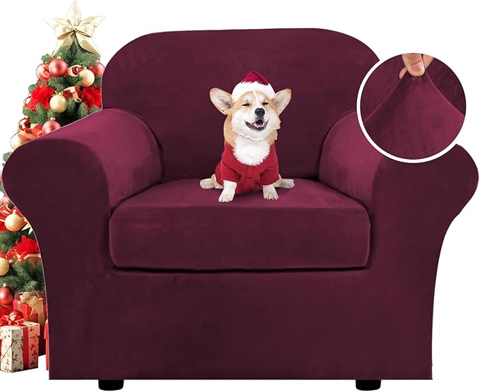 H.VERSAILTEX Rich Velvet Stretch 2 Piece Cover Chair Slipcover Sofa Cover Furniture Protector Couch Soft with Elastic Bottom Chair Couch Cover with Arms Width Up to 49 Inch(Chair, Burgundy)
