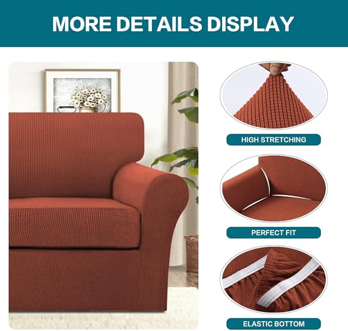 Turquoize 2 Piece Chair Covers Chair Slipcovers for Living Room Armchair Couch Cover Chair Sofa Cover with Individual Cushion Covers Furniture Cover for Chairs Feature Jacquard Fabric (Chair, Rust)