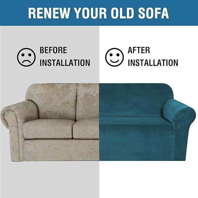 H.VERSAILTEX Stretch Velvet Sofa Covers for 3 Cushion Couch Covers Furniture Protector Soft with Non Slip Elastic Bottom, Crafted from Thick Comfy Rich Velour (Large Sofa 90"-97", Deep Teal)