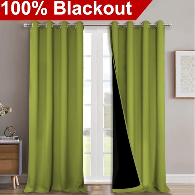 NICETOWN 100% Blackout Curtains for Windows, Pack of 2, Fresh Green, 52" W x 102" L, Super Heavy-Duty Black Lined Total Darkness Drapes for Bedroom, Privacy Assured Window Treatment for Patio