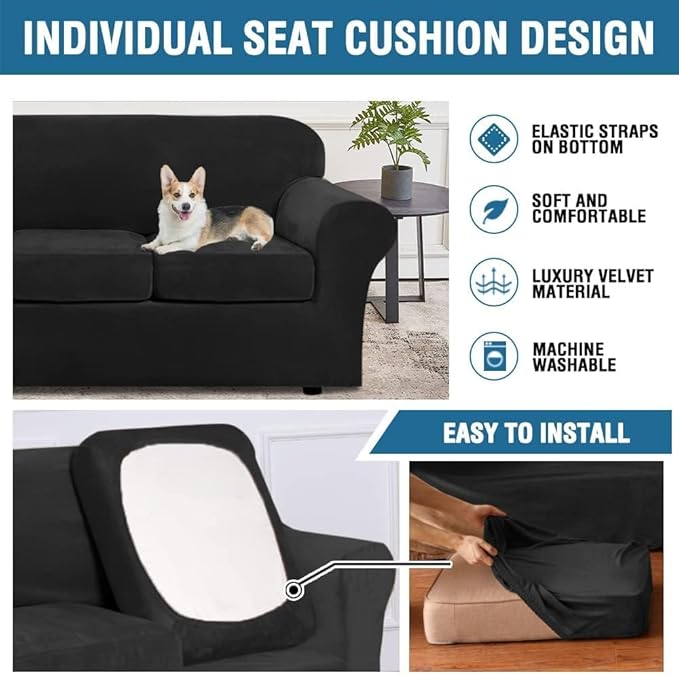 H.VERSAILTEX High Stretch Sofa Slipcover 4 Piece Cover Velvet Furniture Protector Form Fit Thick Velvet Extra Large Sofa Cover for 3 Cushion Couch Width Up to 97 Inch (Large Sofa, Jet Black)
