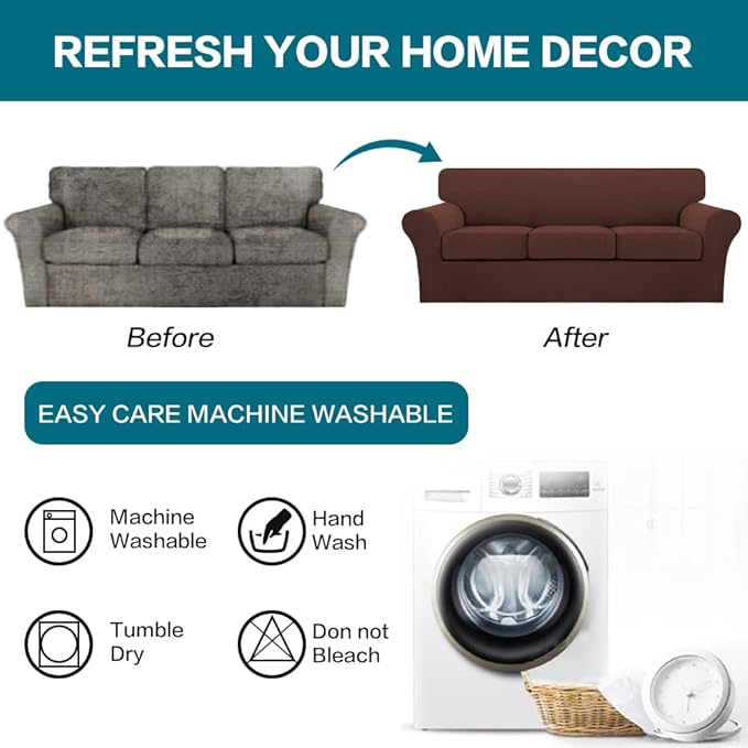 Turquoize 4 Piece Sofa Covers for 3 Cushion Couch Sofa Slipcover Soft Couch Cover for Dogs-Washable Sofa Furniture Covers with 3 Individual Large Cushion Covers (XL Sofa, Burnt Brick)