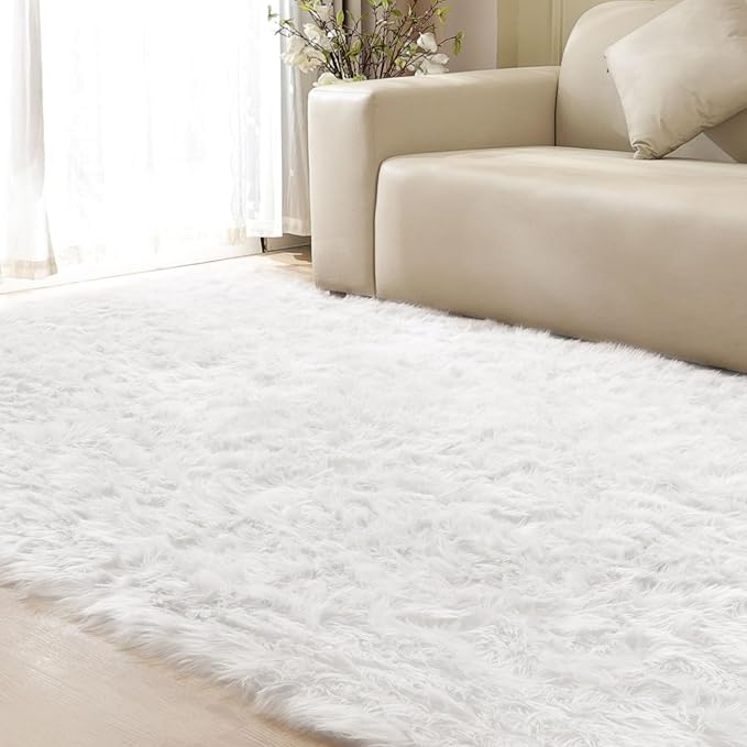 ORINOVA White Rugs for Living Room 6x9 Area Rugs for Bedroom Large Washable Faux Sheepskin Fluffy Fur Rug Nursery Rugs Room Décor