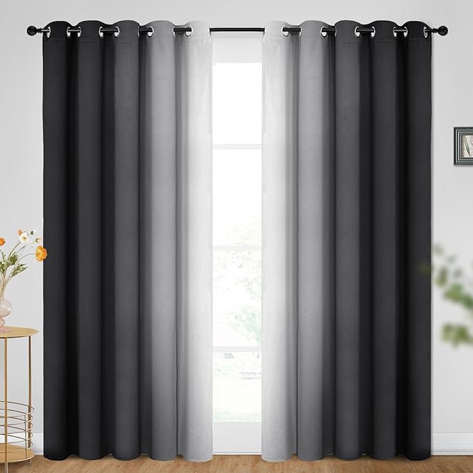 SimpleHome Ombre Room Darkening Curtains for Bedroom, Gradient Black to Grey White Light Blocking Thermal Insulated Grommet Window Curtains/Drapes for Living Room,2 Panels, 62x84 inches Length