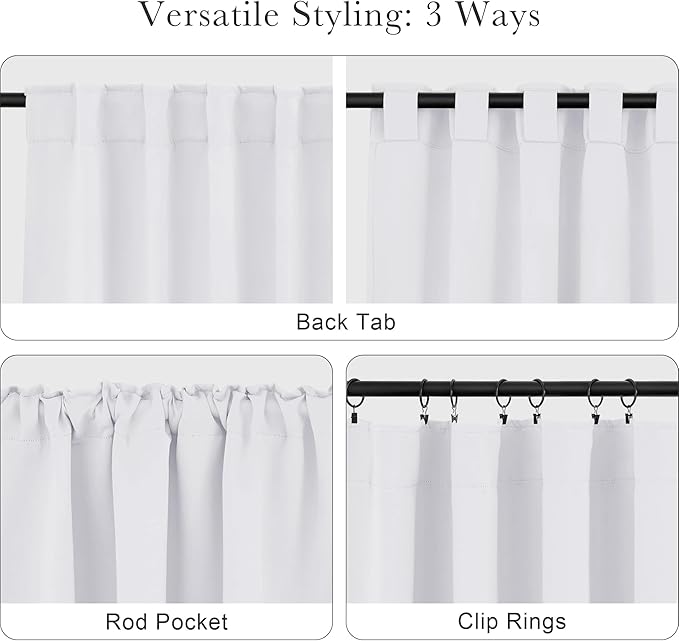 PONY DANCE White 50% Lighting Blocking Curtains for Kitchen, Short Non-See-Through Thermal Insulated Room Darkening Back Tab Small Drapes for Nursery Bedroom Window, W52 x L45, Pure White, 2 Panels