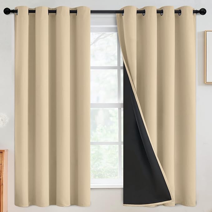 SimpleHome 100% Blackout Curtains for Bedroom,Thermal Insulated Grommet Window Drapes Room Darkening Beige Curtains for Living Room with Black Back,52 x 63 Inch,2 Panels