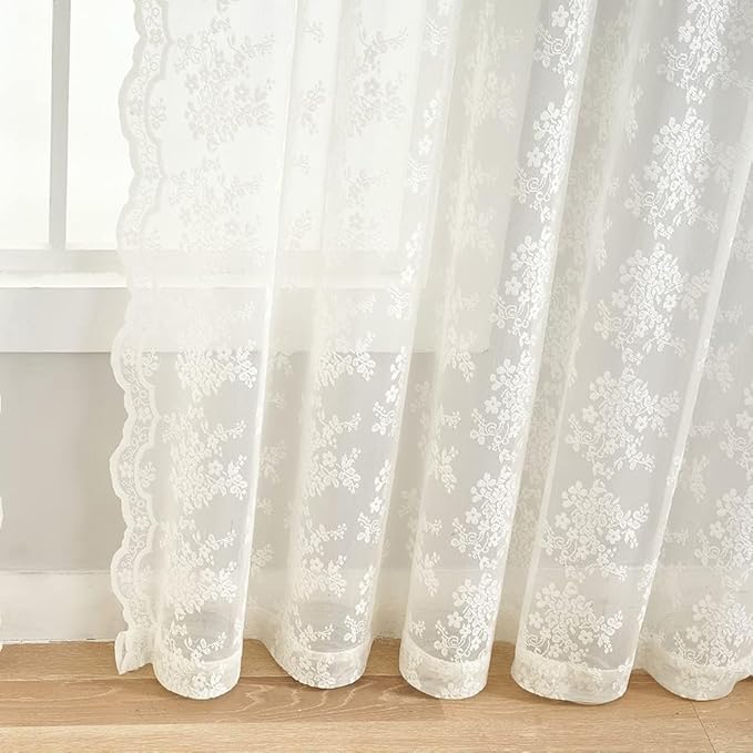 YJ YANJUN Vintage Lace Curtains Cottage Floral Cream Sheer 94 inch Curtains 2 Panels Set for Living Room Bedroom Light Filtering Floor to Ceiling Drapes Country Farmhouse Decor 52" W x 94" Ivory