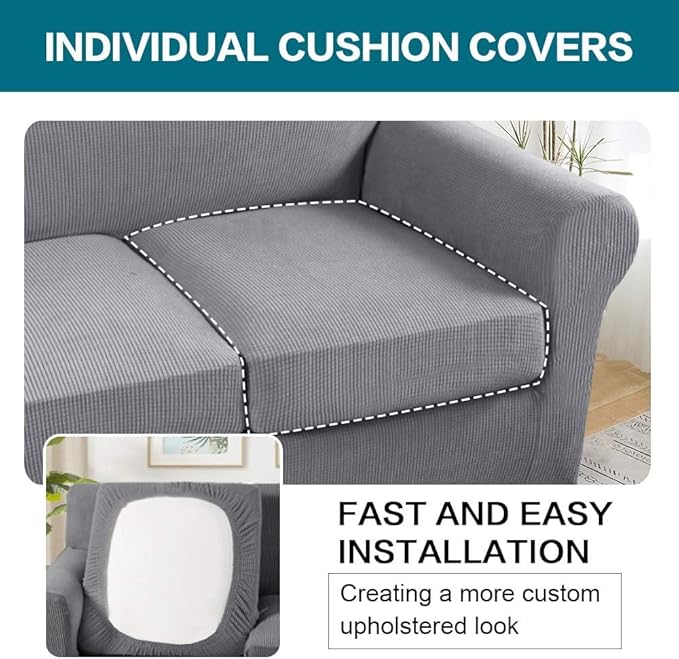 Turquoize 4 Piece Sofa Covers for 3 Cushion Couch Sofa Slipcover Soft Couch Cover for Dogs Washable Furniture Cover with 3 Individual Large Cushion Covers Feature Fabric (Large Sofa, Dove)