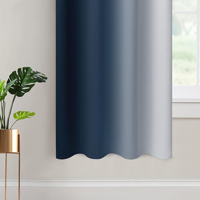 Yakamok Room Darkening Ombre Curtains 63 Inch Length, Navy Blue and Greyish White Thermal Insulated Gradient Color Curtains,Light Blocking Grommet Window Drapes for Bedroom,52 Inch Width,2 Panels