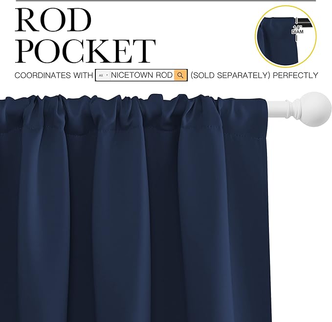 NICETOWN Navy Curtains Blackout Draperies - Modern Design Thermal Insulated Rod Pocket Blackout Drapes for Kid's Bedroom, Window Covering (1 Pair, 52 x 95 inches)