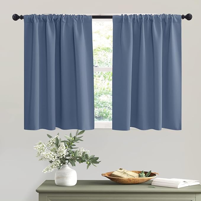 RYB HOME Short Stone Blue Blackout Curtains for Small Bedroom Window, Insulating UV Blocking Drapes for Kitchen Cafe Basement Garage, Privacy Tiers for Bathroom Window, Width 42 by Length 36, Set of 2