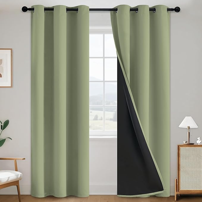SimpleHome 100% Blackout Curtains for Bedroom,Thermal Insulated Sage Grommet Window Drapes Room Darkening Curtains for Living Room with Black Back,38 x 84 Inch,2 Panels