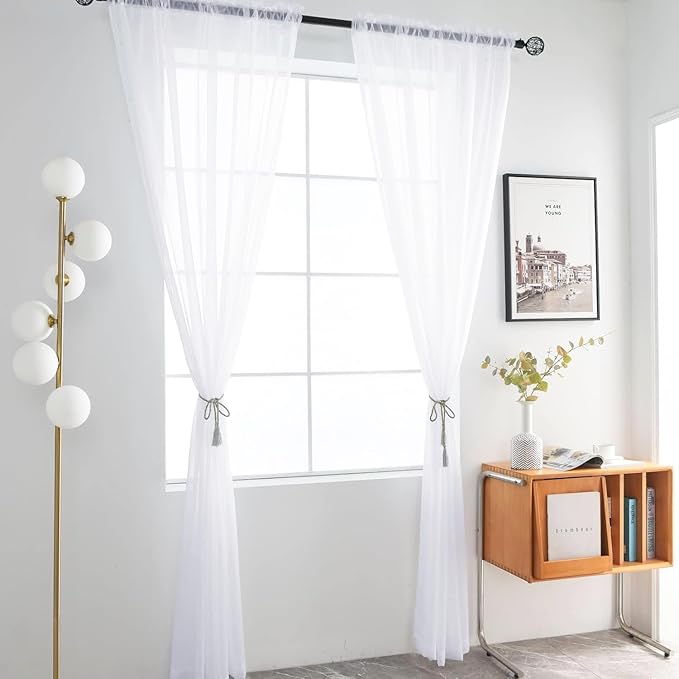 SpaceDresser Sheer Window Treatment Rod Pocket Curtain Panels for Kitchen Bedroom Living Room Drapes Sunlight Filtering Privacy Semi Home Decor Assorted Colors Sizes (Optical White, 52 W x 108 L)