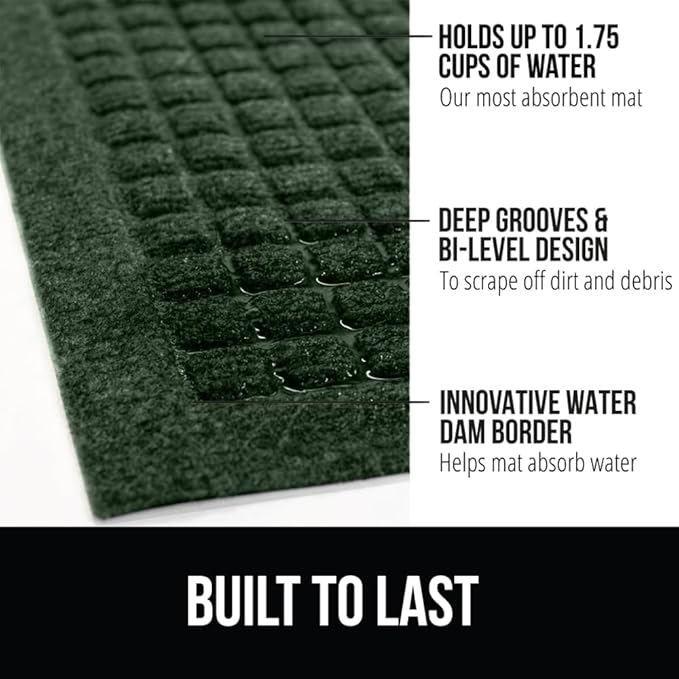 GORILLA GRIP® Ultra Absorbent Front Door Mat Outside Entrance, Traps Dirt and Moisture, HydroABSORB Indoor Outdoor Doormat Holds Up to 1.7 Cups Water, Stain and Fade Resistant Welcome Mat, 29x17 Green