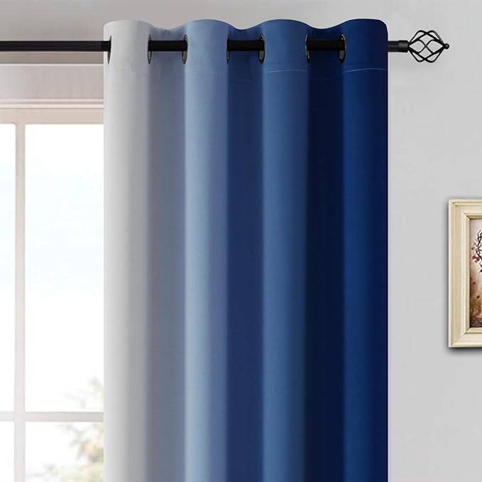 Yakamok Greyish White and Royal Blue Ombre Curtains,Light Blocking Curtains,Room Darkening Grommet Window Drapes for Bedroom(Royal Blue,52x63 Inch,2 Panels)