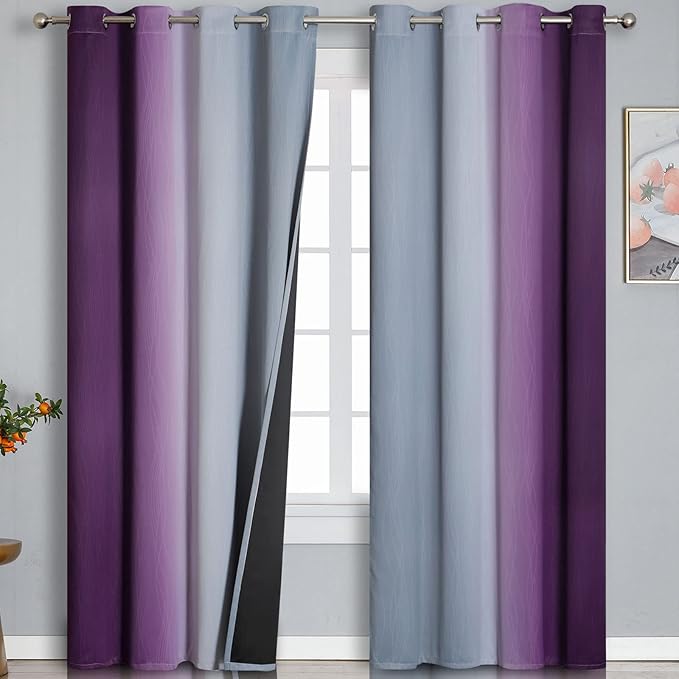 Purple and Grey Blackout Curtains 84 Inches Long,Ombre and Wavy Line Pattern 100% Blackout Curtains for Bedroom,Full Light Blocking Grommet Thermal Insulated Drapes for Kids Room, 52x84 Inch, 2 Panels