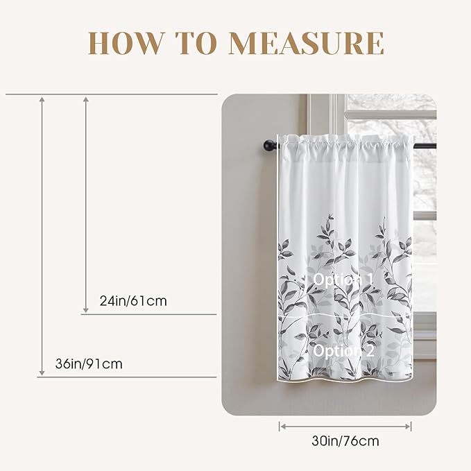 HOMEIDEAS Kitchen Curtains, Short Non-See-Through Privacy 30X36 Inch Length Tier Curtains, Grey and White Leaf Floral Printed Light Filtering Semi Sheer Small Window Drapes for Bathroom Cafe, 2 Panels