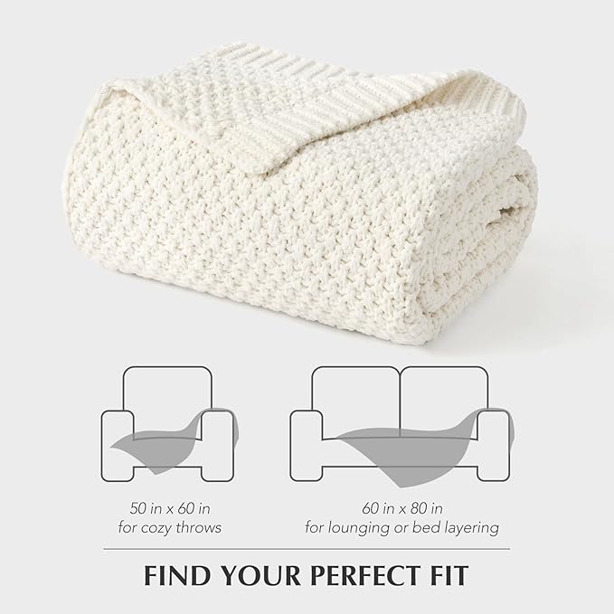 EVERGRACEHOME Chunky Chenille Knit Throw Blanket for Couch, Soft Luxurious Moss Stitch Blankets for Bed, Cozy Decorative Farmhouse Knitted Throws for Sofa, Bright White, 60" x 80"
