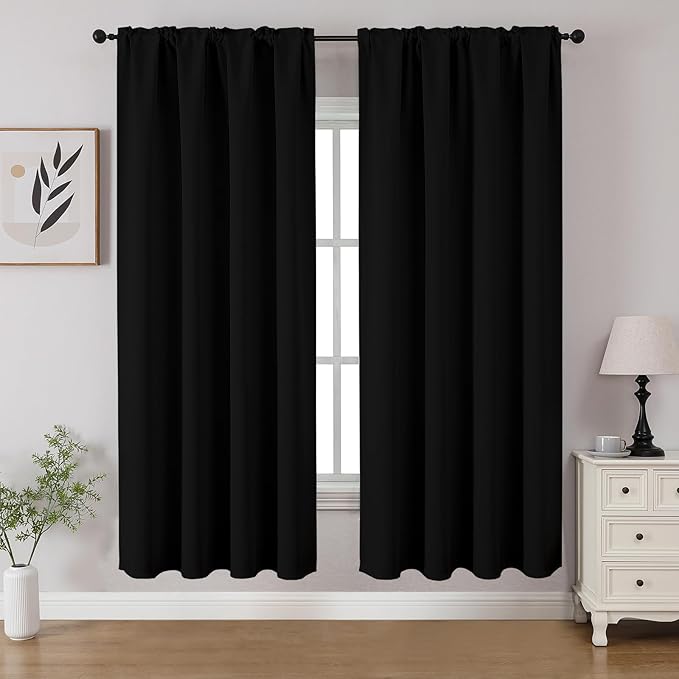 CUCRAF Black Blackout Curtains 63 inch Length 2 Panels Set, Rod Pocket Room Darkening Drapes for Bedroom Living Room, Insulated Thermal Light Blocking Window Curtain (W52 x L63 Inch)