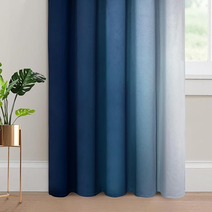 Yakamok Blue and Greyish White Ombre Curtains, Room Darkening Gradient Color Curtains for Bedroom, Light Blocking Thermal Insulated Window Drapes for Living Room(2 Panels, 70x84 Inch)