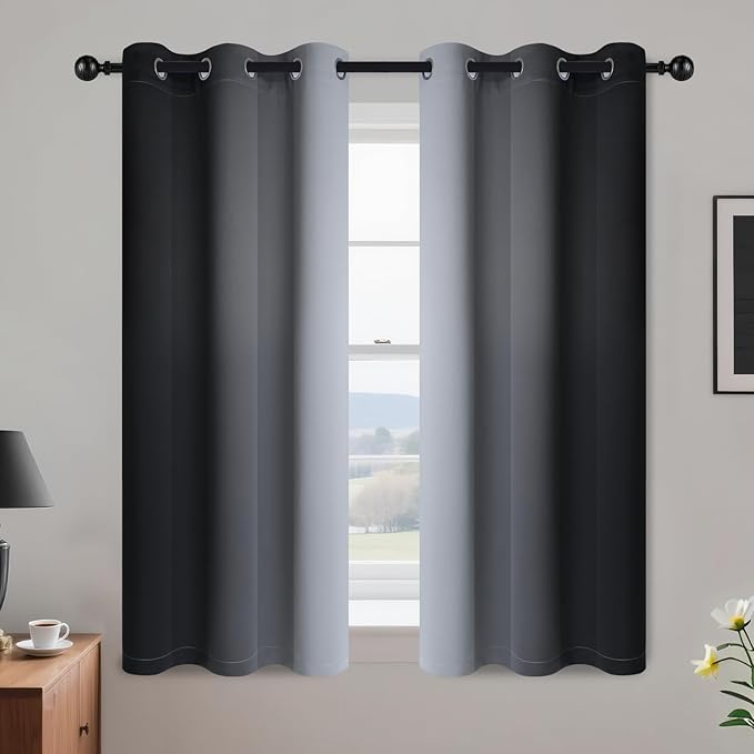 Yakamok Room Darkening Ombre Curtains 54 Inch Length, Black and Greyish White Thermal Insulated Gradient Color Curtains,Light Blocking Grommet Window Drapes for Bedroom,42 Inch Width,2 Panels